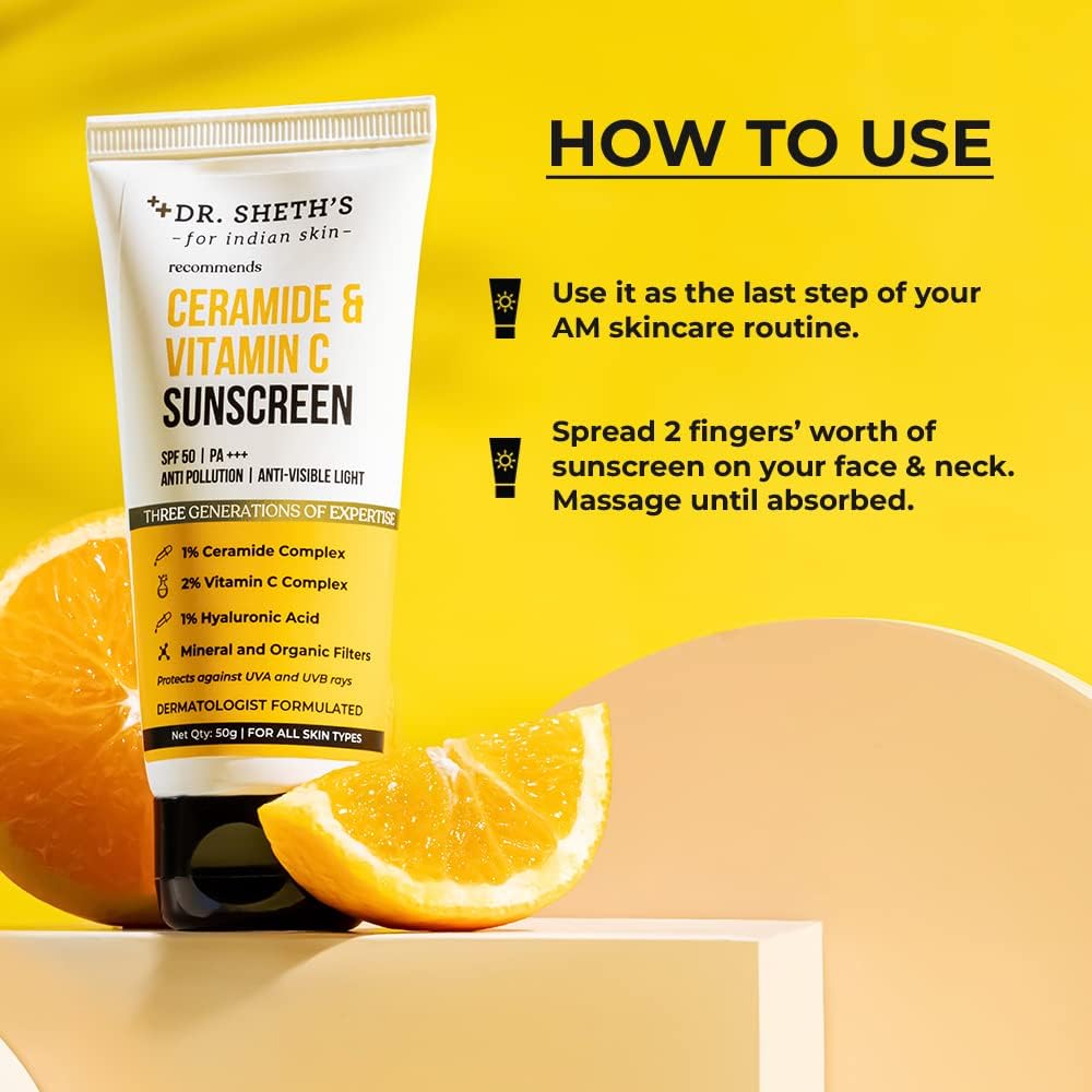 dr. sheth's sunscreen spf 50 cream with ceramide & vitamin c for oily, sensitive, dry skin | for intense hydration | non greasy, quick absorbing | zero white cast | pa+++ | for women & men | 50g