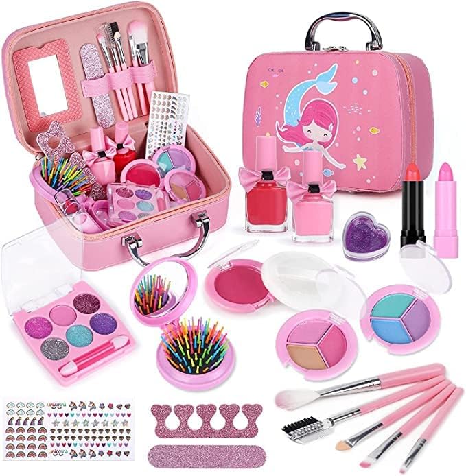 ledin kids children's makeup set,girls makeup kit for girls princess make up box nontoxic cosmetics kit toys pretend play makeup beauty toys gift birthday gift (style d)