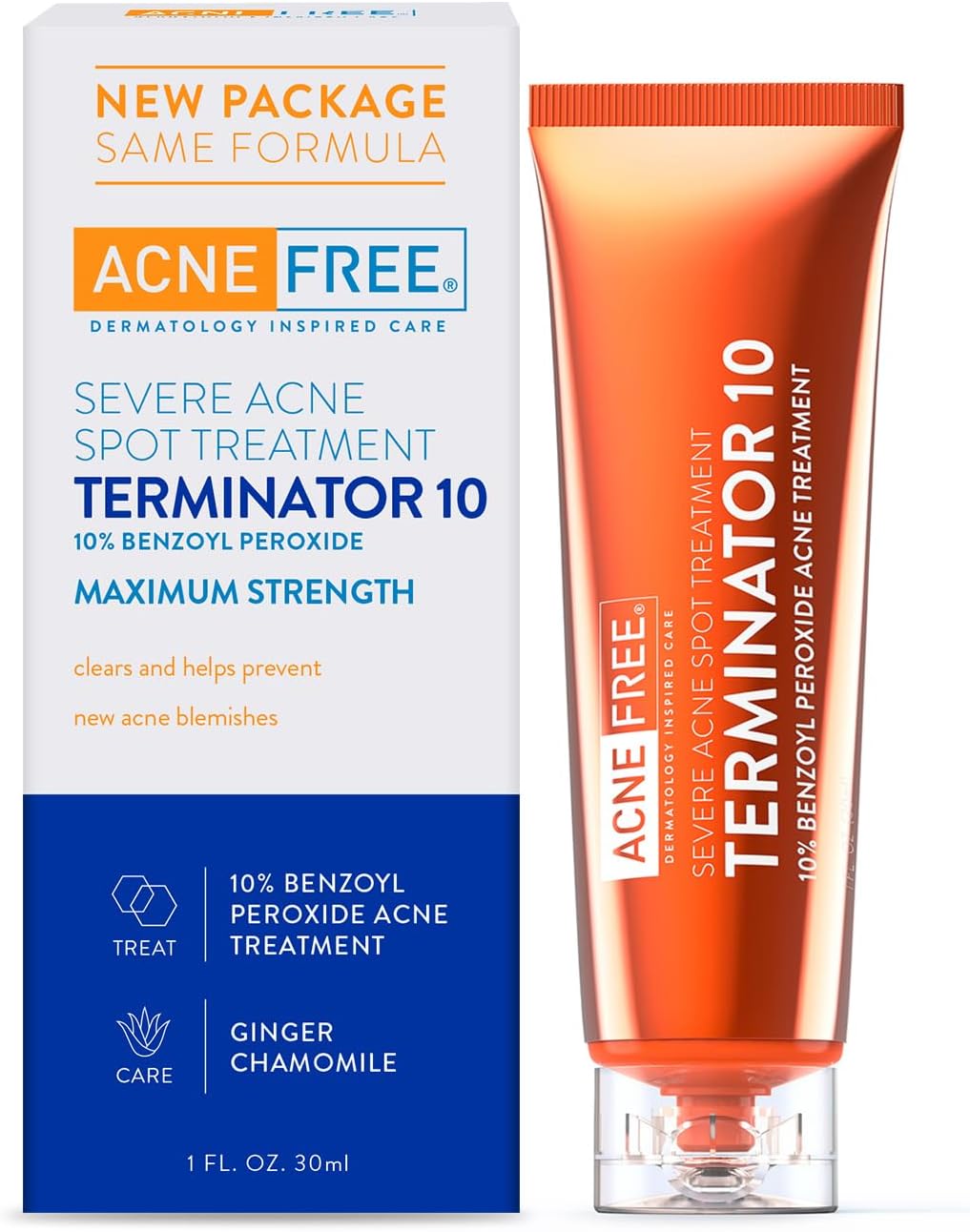 acnefree terminator 10 acne spot treatment with benzoyl peroxide 10% maximum strength acne cream treatment, 1 ounce pack of 1