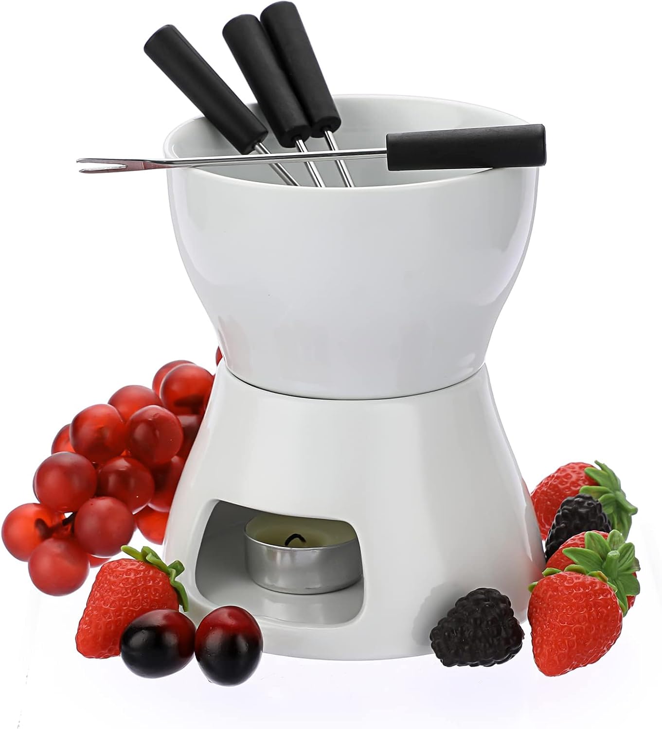 syosi chocolate fondue pot, ceramic chocolate melting pot, candle heating chocolate fondue set with 4 forks diwali for chocolate/cheese/butter/candy, ceramic chocolate melter, diy kitchen tools