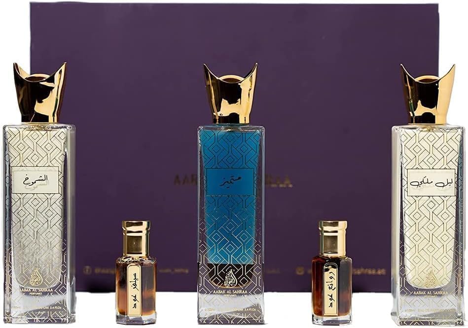 aabak al sahraa عبق الصحراء non coholic perfumes and tola set of 5 leil malaki, mutamayez, shoumoukh, silver oud tola and rawae' oud tola luxury fragrances for both men and women