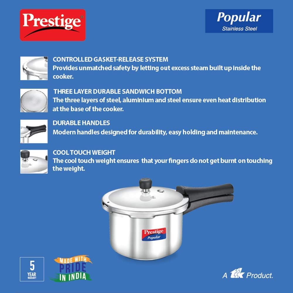 prestige popular stainless steel pressure cooker 3 ltr | silver