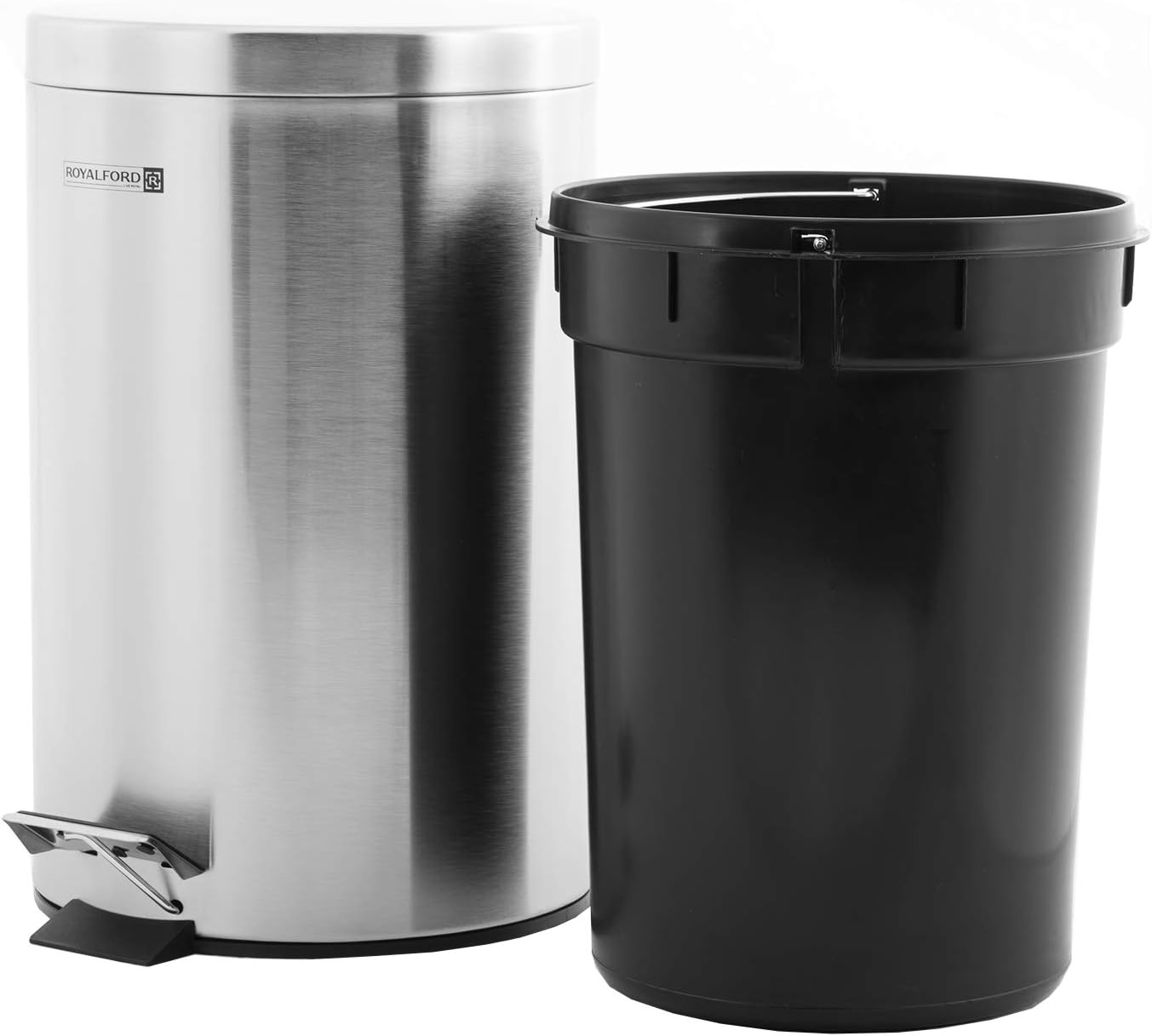 royalford trash bins, stainless steel, silver