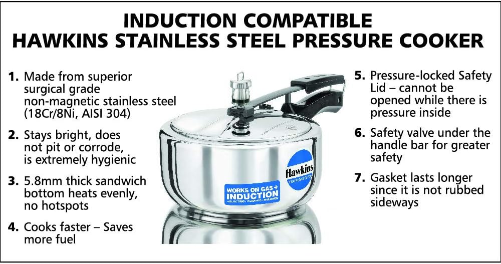 hawkins 3 litre inner lid pressure cooker, stainless steel cooker, wide design pan cooker, induction cooker, silver (hss3w)
