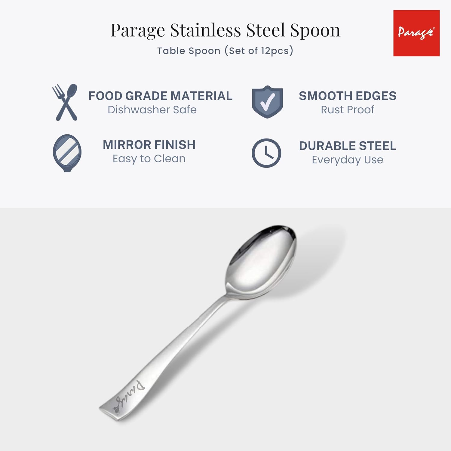 parage stainless steel spoons set of 12, dinner spoon length 16cm, food grade silverware for home & kitchen mirror polished, 12 silver spoons