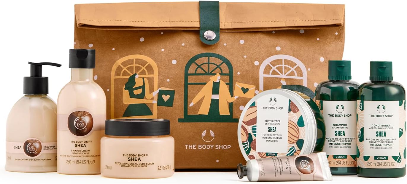 the body shop nutty & nourishing shea ultimate gift set, hydrating & moisturizing skincare treats for very dry skin & hair, 7 items