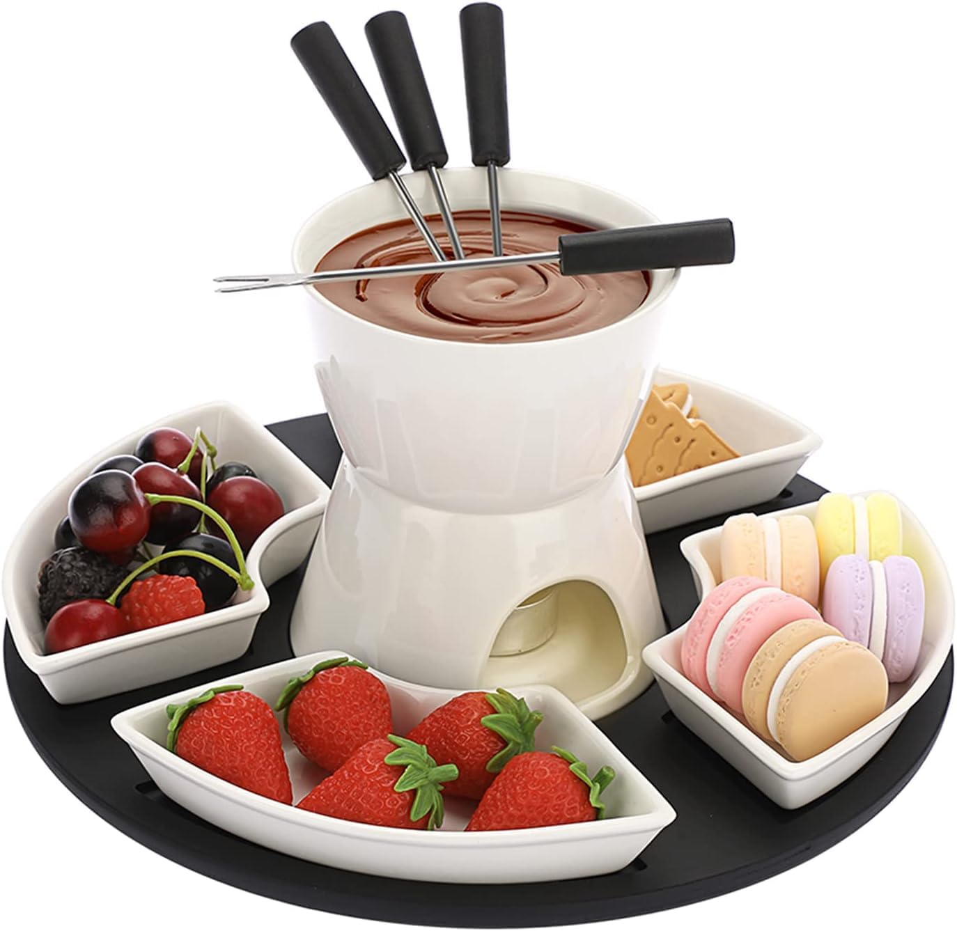 rgsgzco white ceramic chocolate fondue pot set cheese ice cream warmer, 300ml butter fondue set tea light candle fondue pot with wooden pallet and 4 forks and 4 dishes
