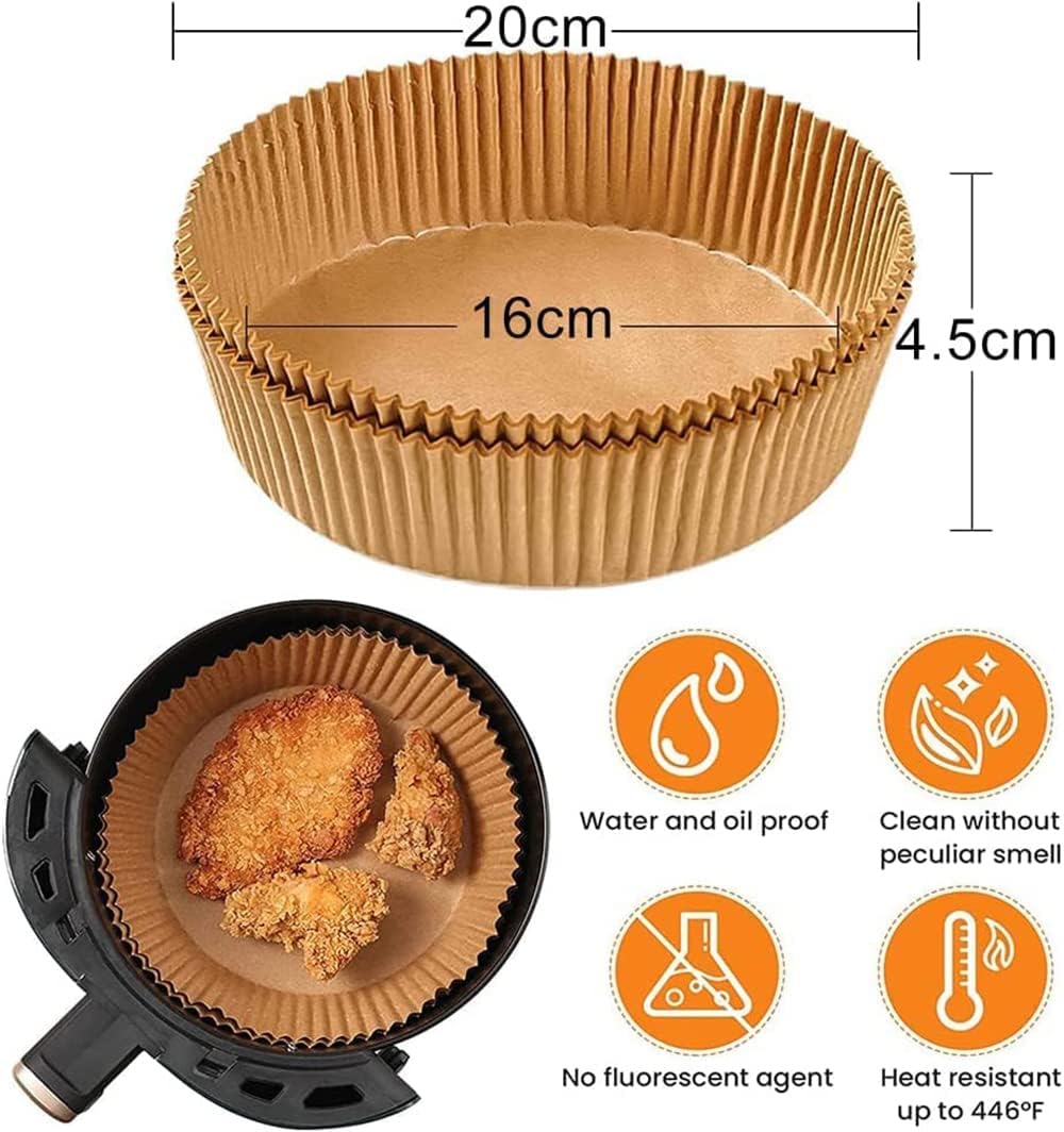 sky touch 100pcs air fryer disposable paper，non stick parchment paper for air fryer liners，round food grade baking paper for air fryer，16cm/6.3inch，brown