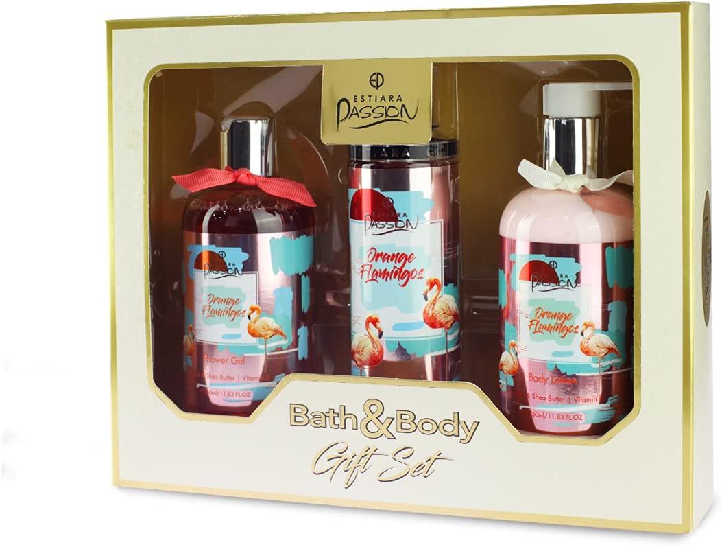 estiara passion orange flamingo bath & body 3 piece gift set for unisex orange flamingo body lotion 350ml orange flamingo shower gel 350ml orange flamingo french fragrance mist 250ml giftset
