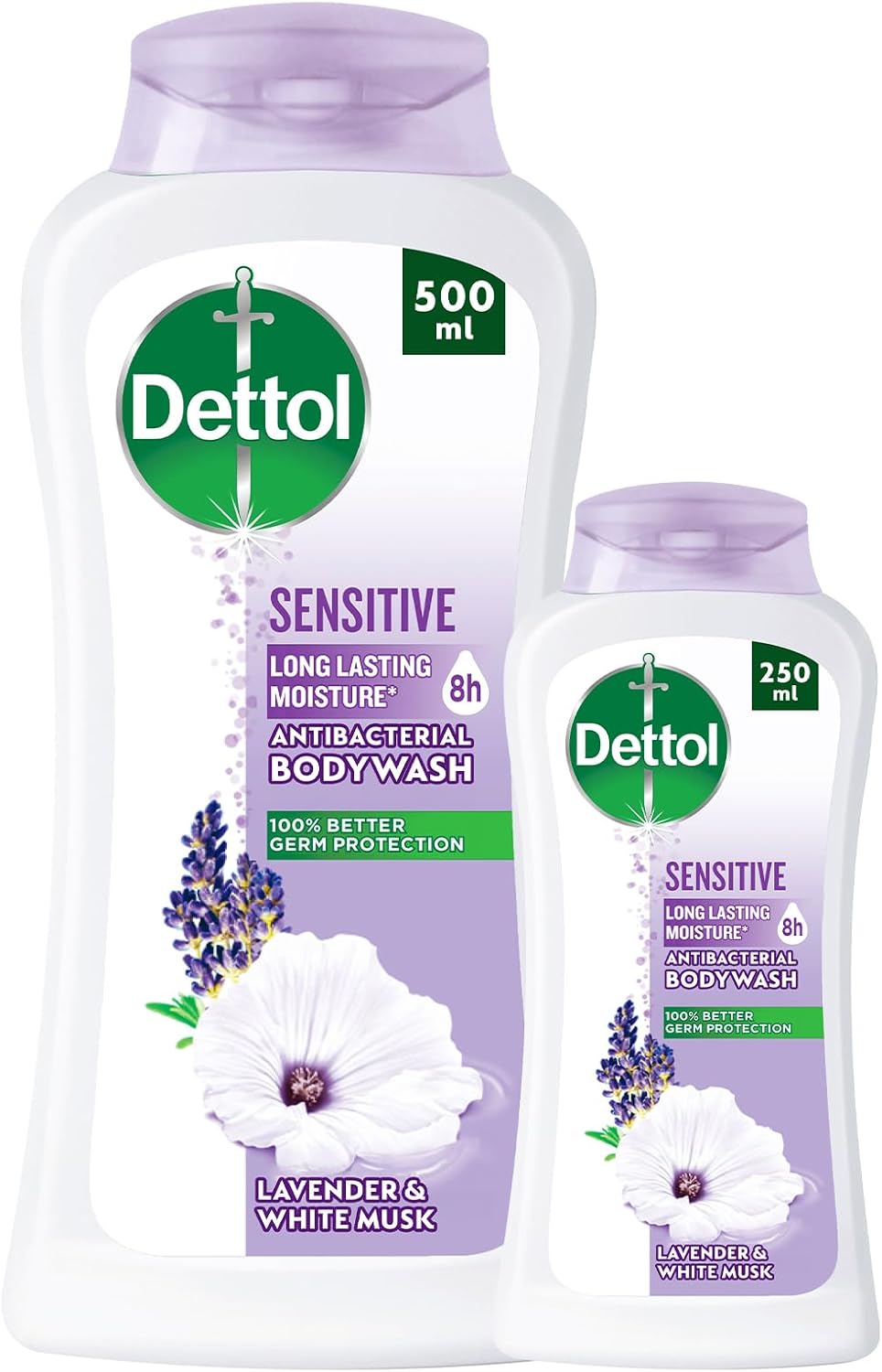 dettol sensitive shower gel & body wash, lavender & white musk fragrance for effective germ protection & personal hygiene, 250ml and 500ml (pack of 2)