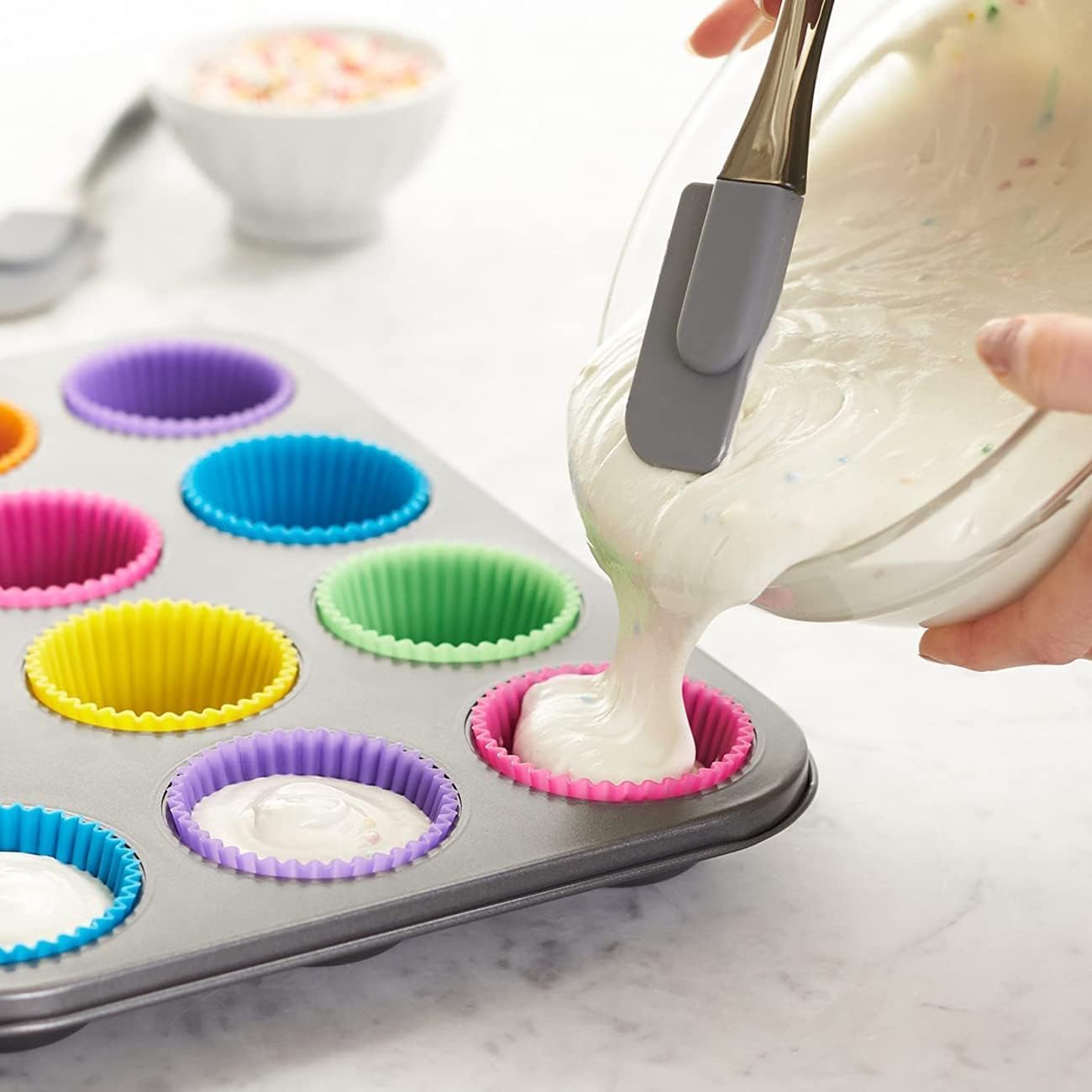 sky touch silicone cupcake liners 12pcs, baking cups non stick cake muffin chocolate cupcake liner baking cup mold, multicolor