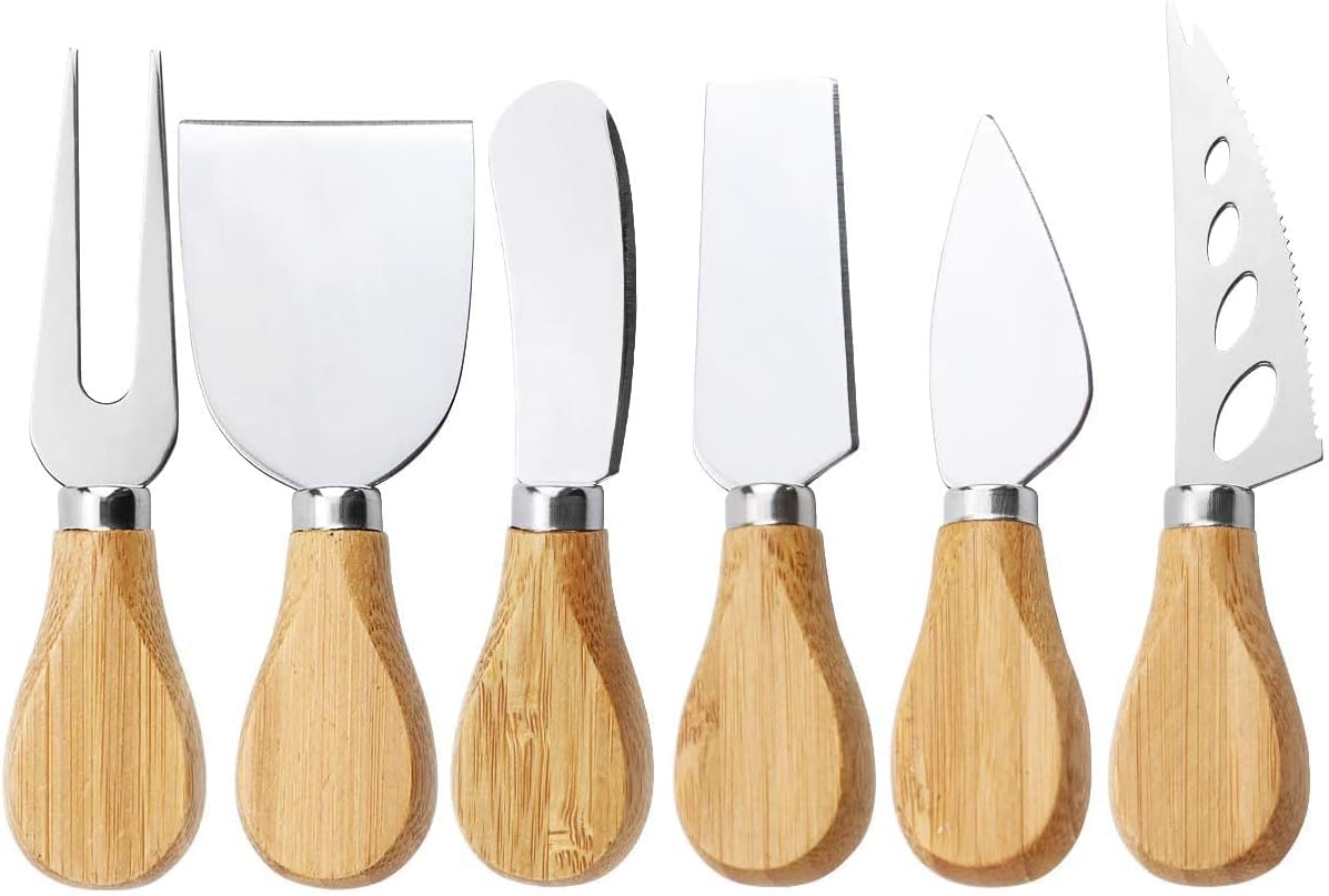 xtn 6pcs cheese knife set, stainless steel cheese knives cheese fork cheese shovel with bamboo handle for parties party