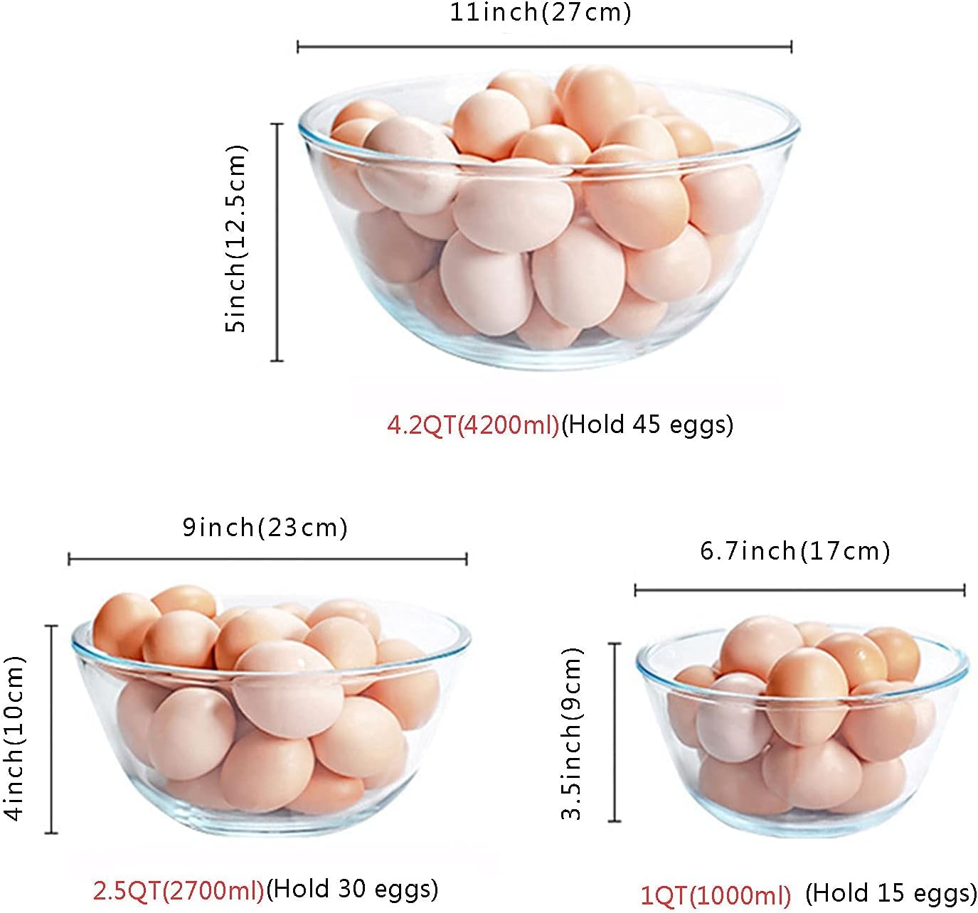 glass mixing bowl set of 3 for kitchen, baking, prepping, serving, cooking 1.1qt, 2.5qt, 4.2qt large salad bowl set, high brosilicate bowl set, stackable, non toxic, microwavable, great gift