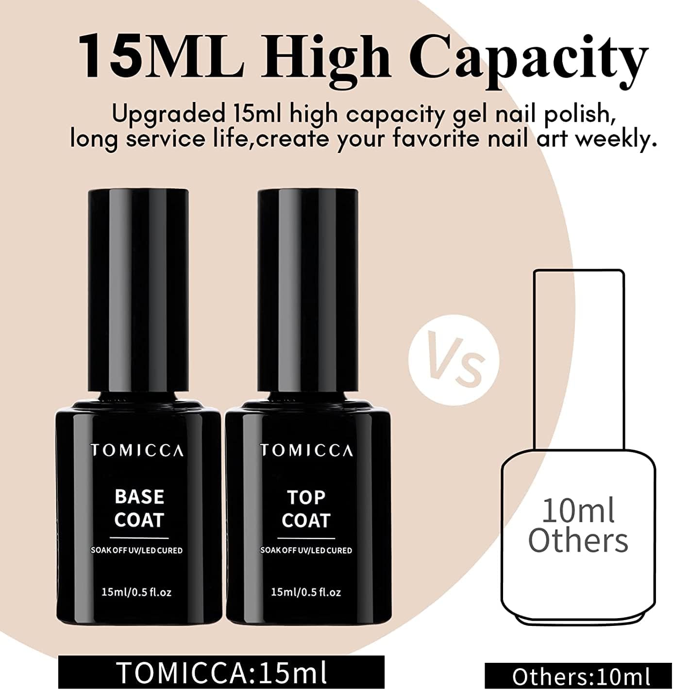 tomicca 2 pcs 15ml no wipe top coat base coat soak off set, shine finish and long lasting, soak off led gel base top coat glossy shine finish, base coat and top coat for nail polish