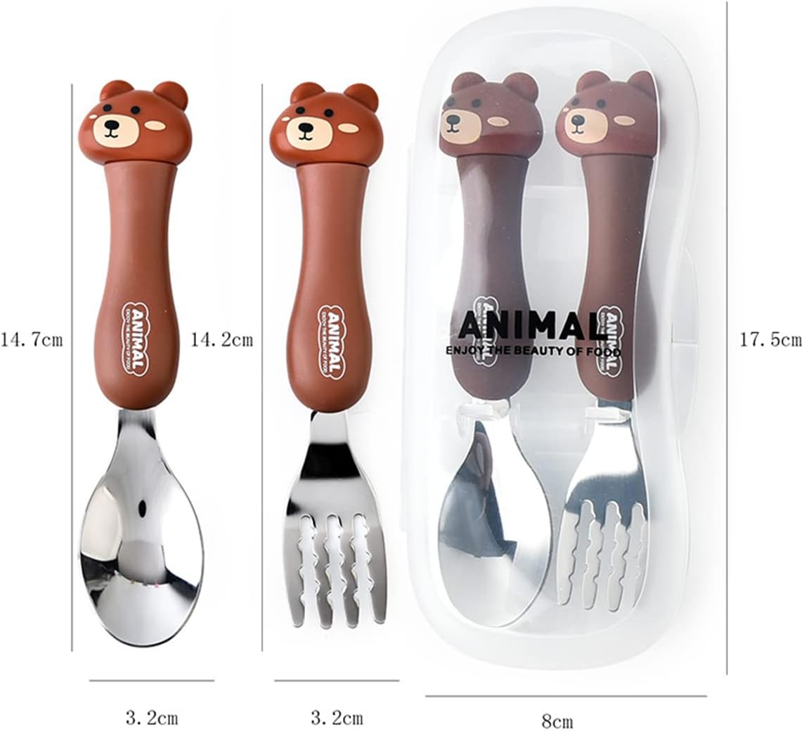 ibama cartoon toddler utensils cute animal stainless steel children's tableware set student fork and spoon two piece creative cutlery set with portable travel case for girls boys kids bear brown