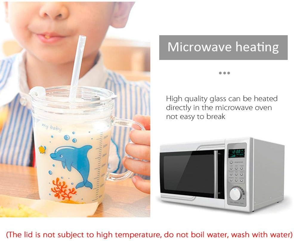 volwco cute heat resistant drinking cups with leak proof regular lids and straw with scale for kids (transparent)