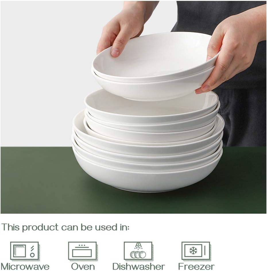 dowan 9.75" large pasta bowls, ceramic salad bowls 50 ounce, shallow pasta bowls set of 4, serving bowls and plates set, microwave and dishwasher safe, white
