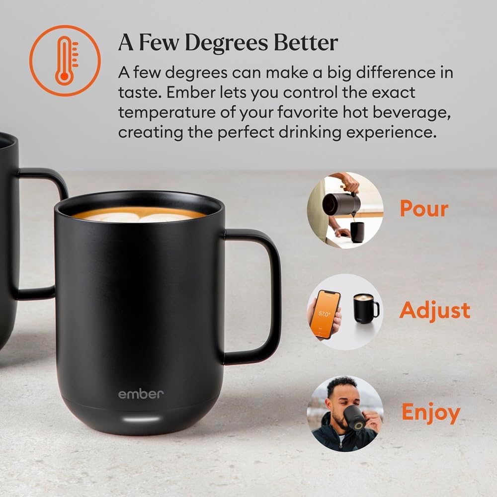 ember temperature control smart mug 2, 10 oz, app controlled heated coffee mug with 80 min battery life and improved design, black