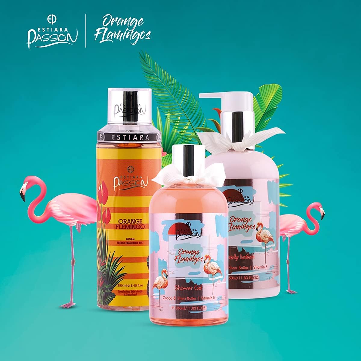 estiara passion orange flamingo bath & body 3 piece gift set for unisex orange flamingo body lotion 350ml orange flamingo shower gel 350ml orange flamingo french fragrance mist 250ml giftset