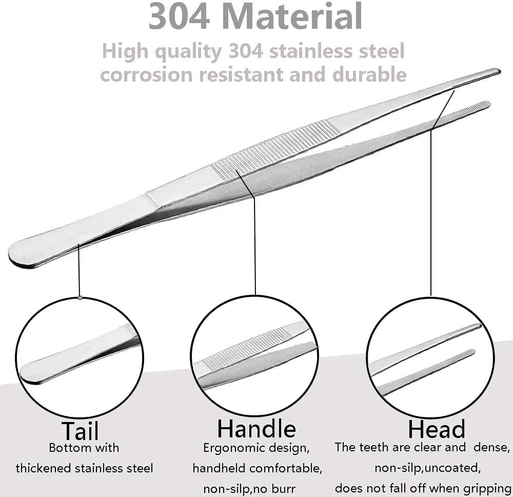 valuxe 2pcs 12 inch tweezer tongs, kitchen tongs, extra long stainless steel tweezers tongs, long food tongs with precision serrated tips for cooking, repairing, sea food, silver long bbq tongs