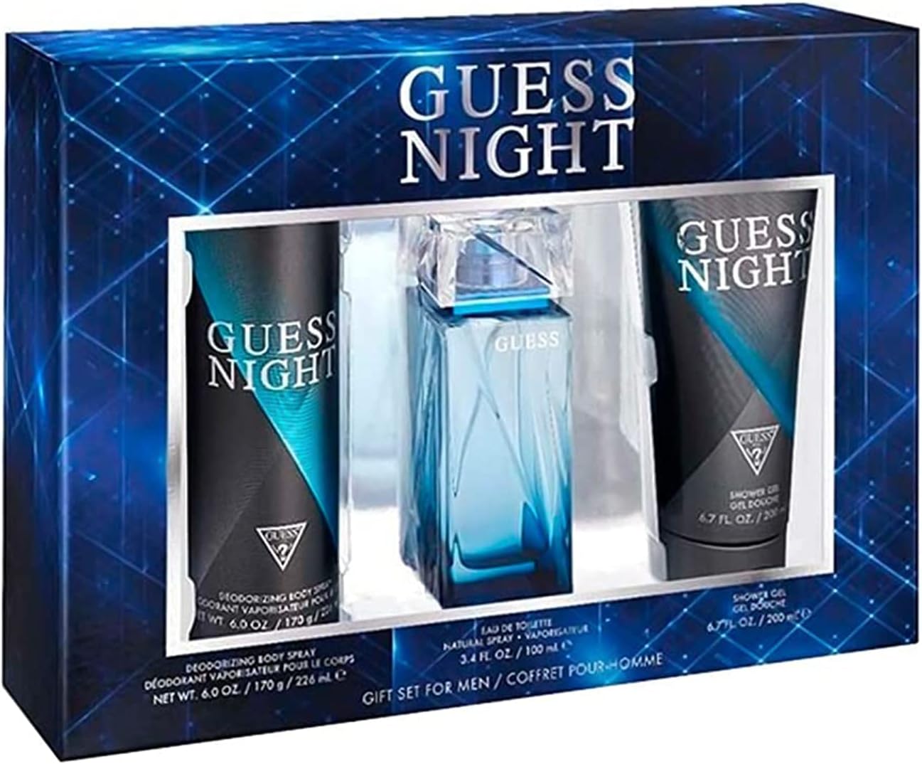 guess night men's eau de toilette perfume, 100 ml + 200 ml shower gel + 226 ml body spray set