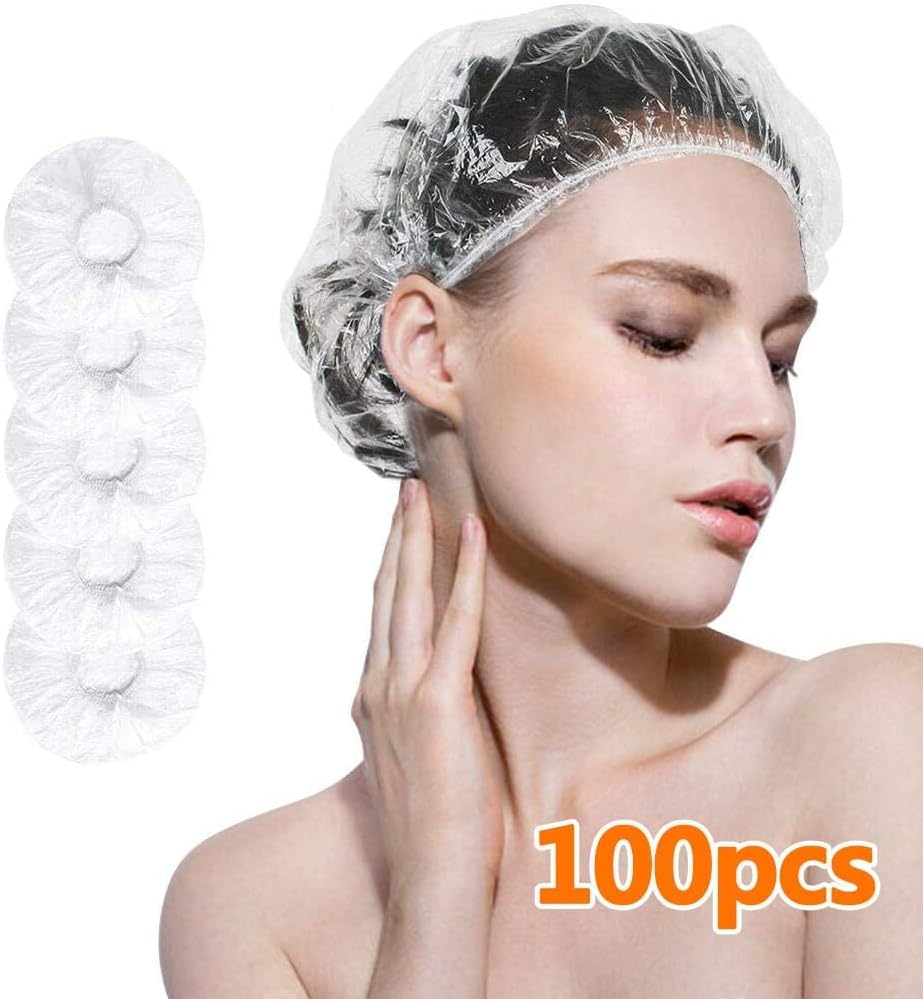 sky touch 100pcs shower cap disposable, bath caps thick waterproof high density elastic big hair caps for women, men, travel spa, hotel, hair solon, home use clear