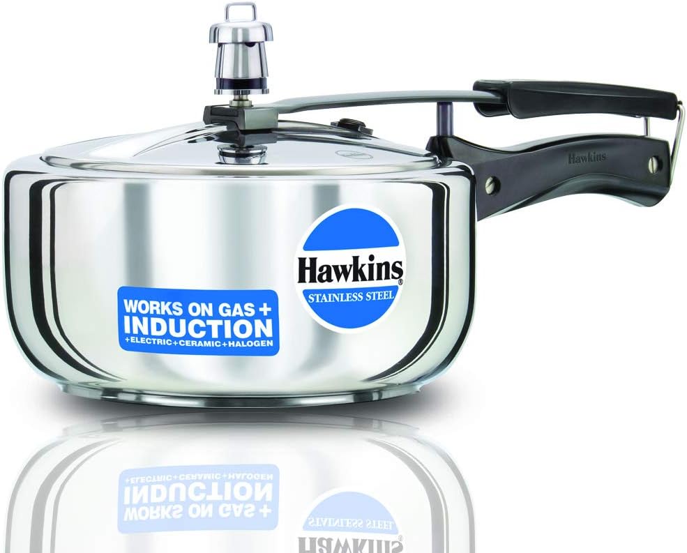 hawkins 3 litre inner lid pressure cooker, stainless steel cooker, wide design pan cooker, induction cooker, silver (hss3w)