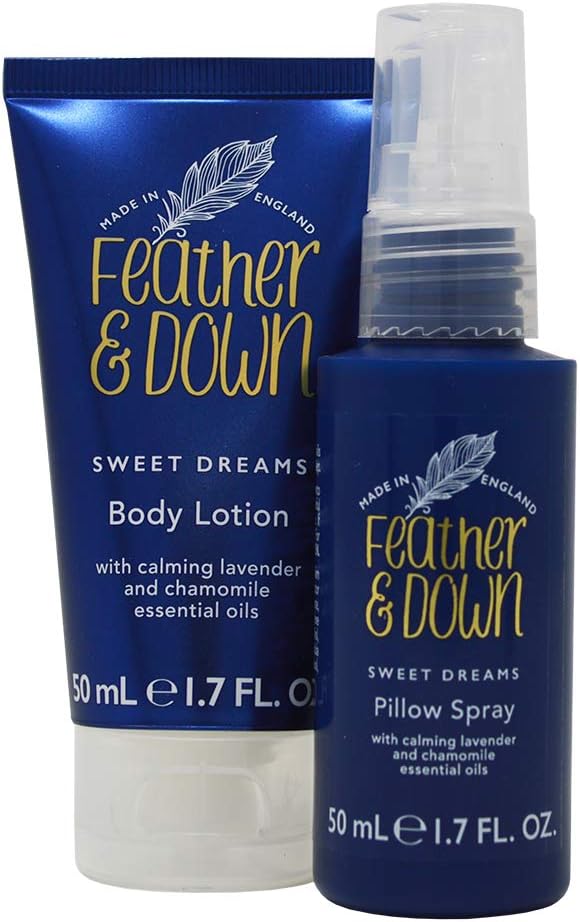 feather & down straight to sleep gift set (50ml pillow spray & 50ml body lotion) the perfect sleep duo, infused with lavender & chamomile essential oils. vegan friendly & cruelty free.