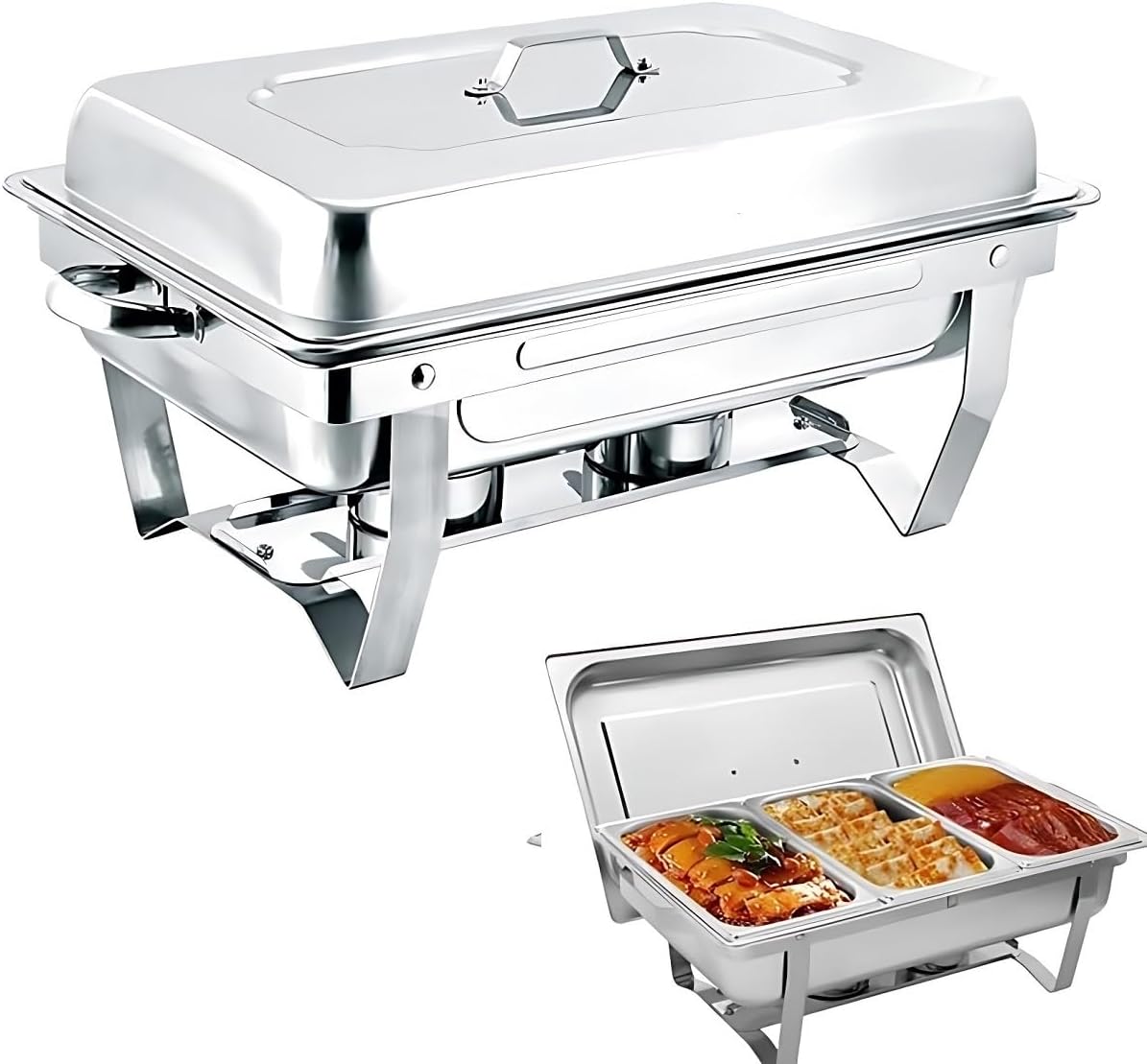 chafing dish buffet set 11l catering server chafer food warmer, stainless steel buffet stove with 3pcs 1/3 size food pans lid serving dishes for restaurant party wedding hotel chef buffet heater