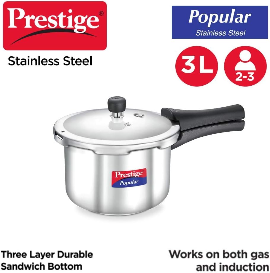 prestige popular stainless steel pressure cooker 3 ltr | silver