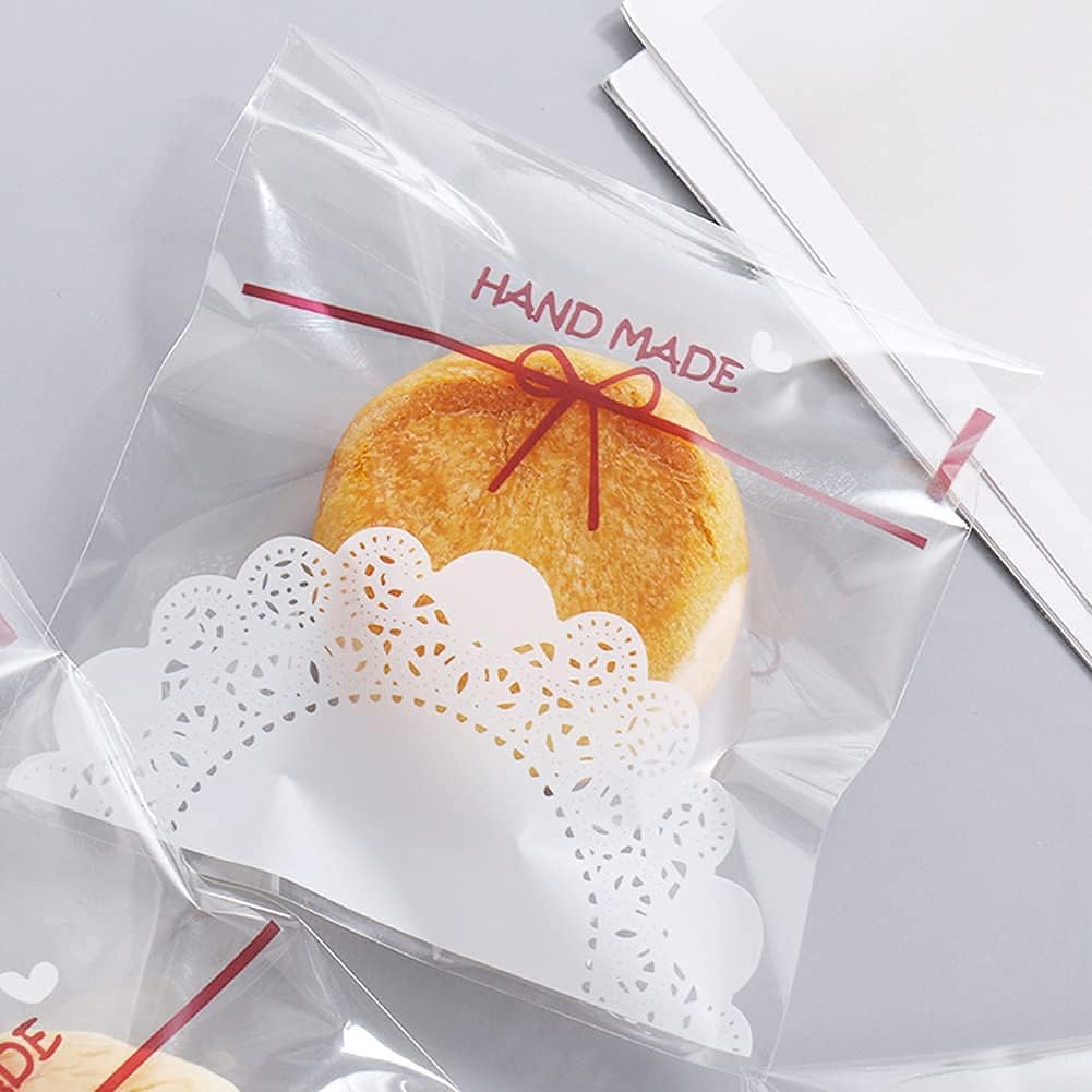 ncn 200 pcs self adhesive plastic cookie bags lace bowknot candy bags clear treat bags plastic individual candy bags for treat gifts wrapping good for party favors