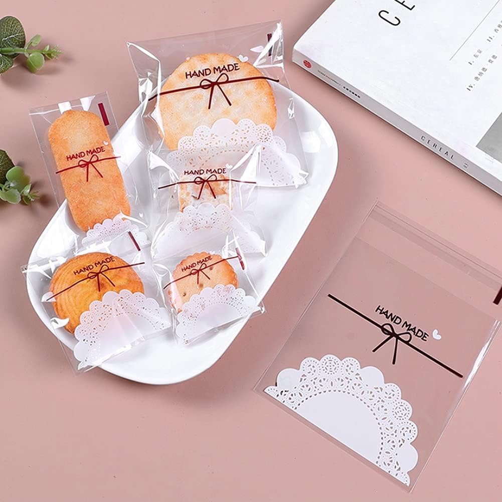 ncn 200 pcs self adhesive plastic cookie bags lace bowknot candy bags clear treat bags plastic individual candy bags for treat gifts wrapping good for party favors
