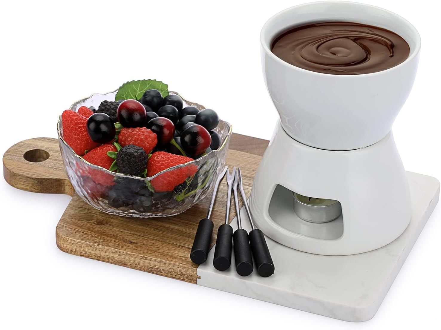 syosi chocolate fondue pot, ceramic chocolate melting pot, candle heating chocolate fondue set with 4 forks diwali for chocolate/cheese/butter/candy, ceramic chocolate melter, diy kitchen tools