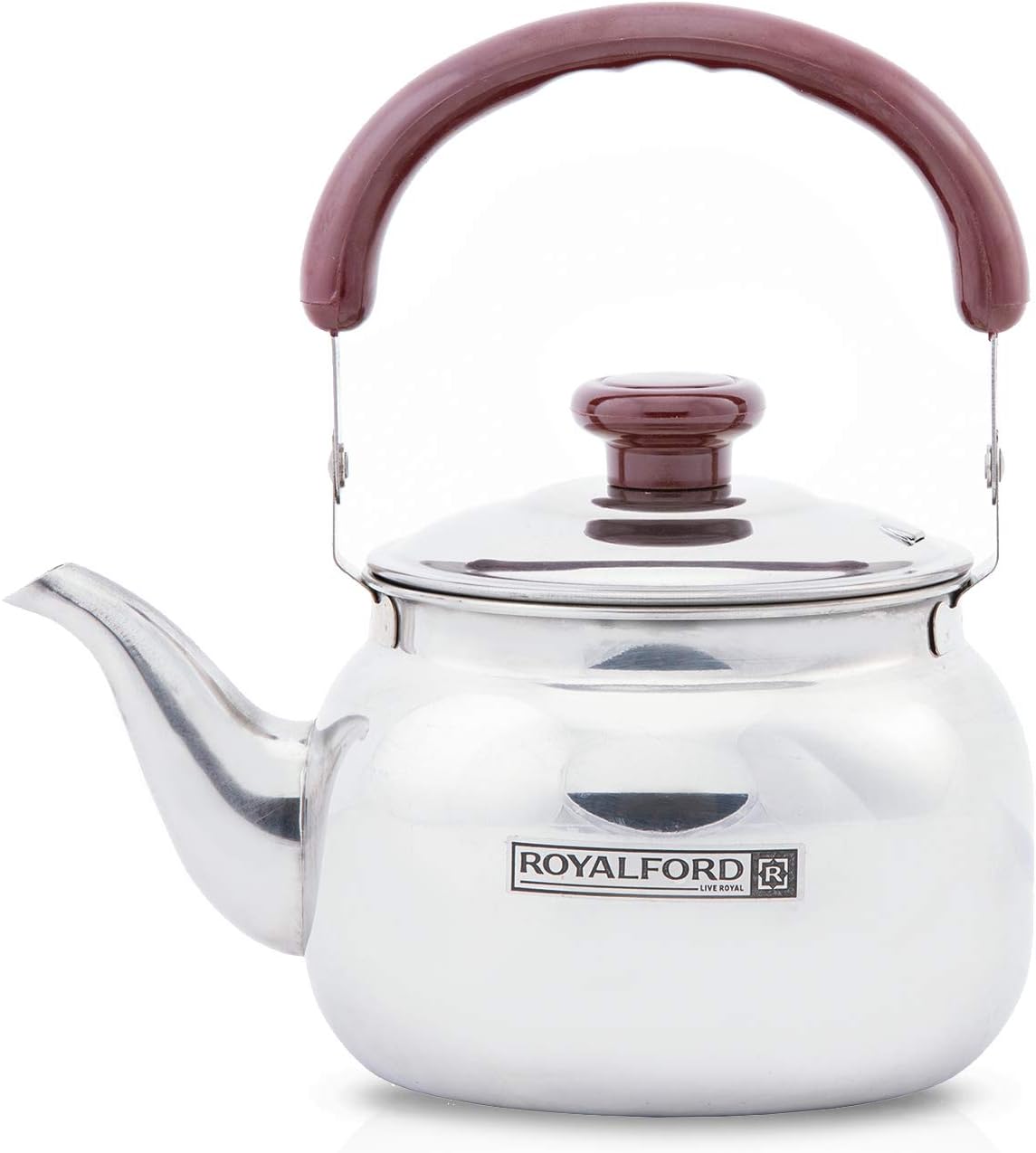 royalford 2 liter stove top tea kettle – large capacity stainless steel stove top tea pot tea coffee pot ideal for home office & hotel – compact & stylish design with heat resistant handle