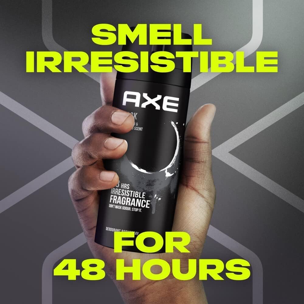axe men deodorant body spray for long lasting odour protection, black, 48 hours irresistible fragrance, 150ml
