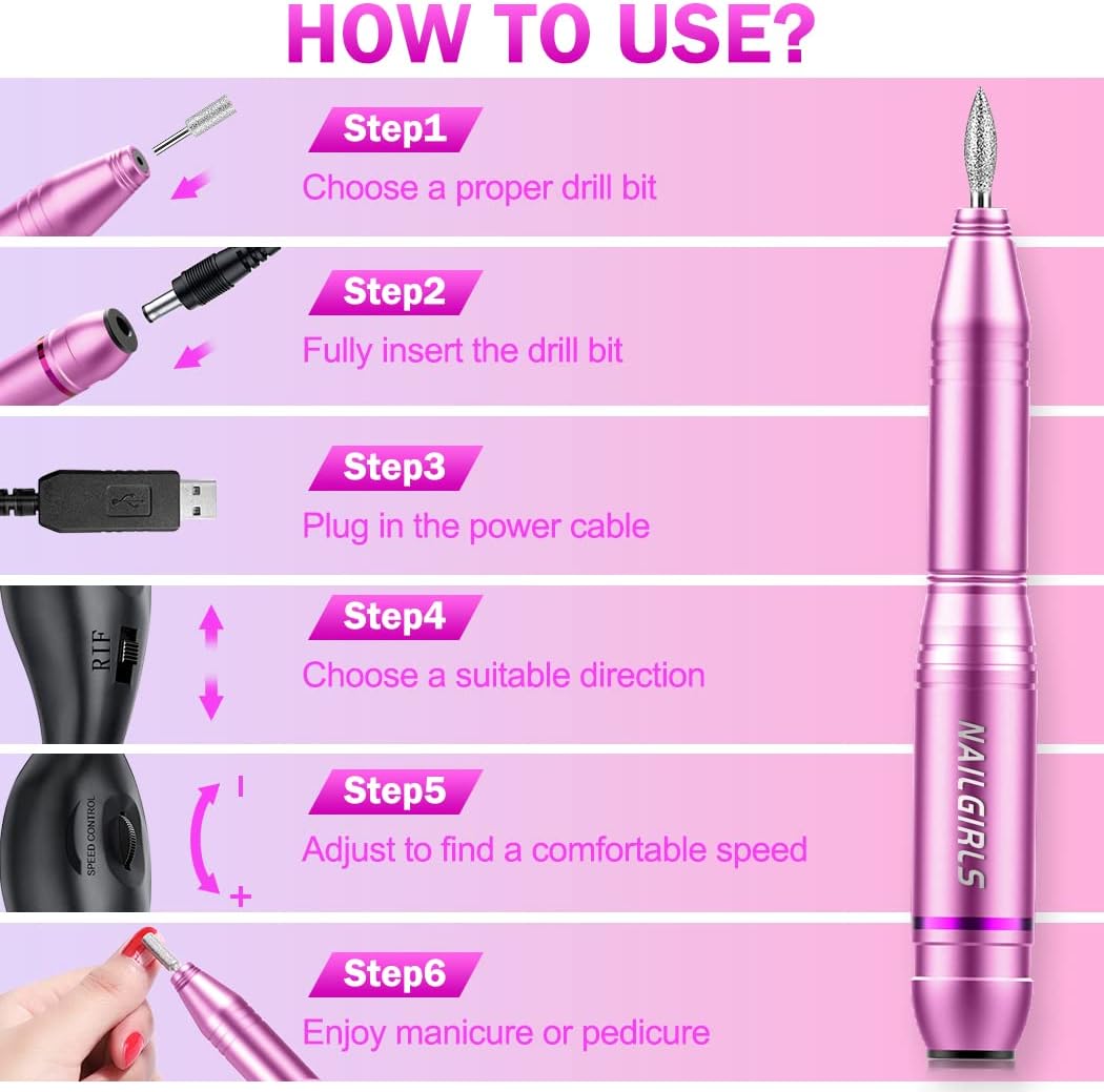 nailgirls electric nail file, portable nail drill usb 25000rpm professional nail drill machine for acrylic gel nails efile e file manicure pedicure polishing shape tools for home salon use (pink)
