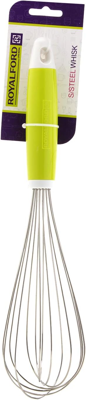 royalford stainless steel balloon whisk with plastic handle egg frother, milk beater, kitchen utensil for blending whisking beating mixing whipping & stirring 10 inch.