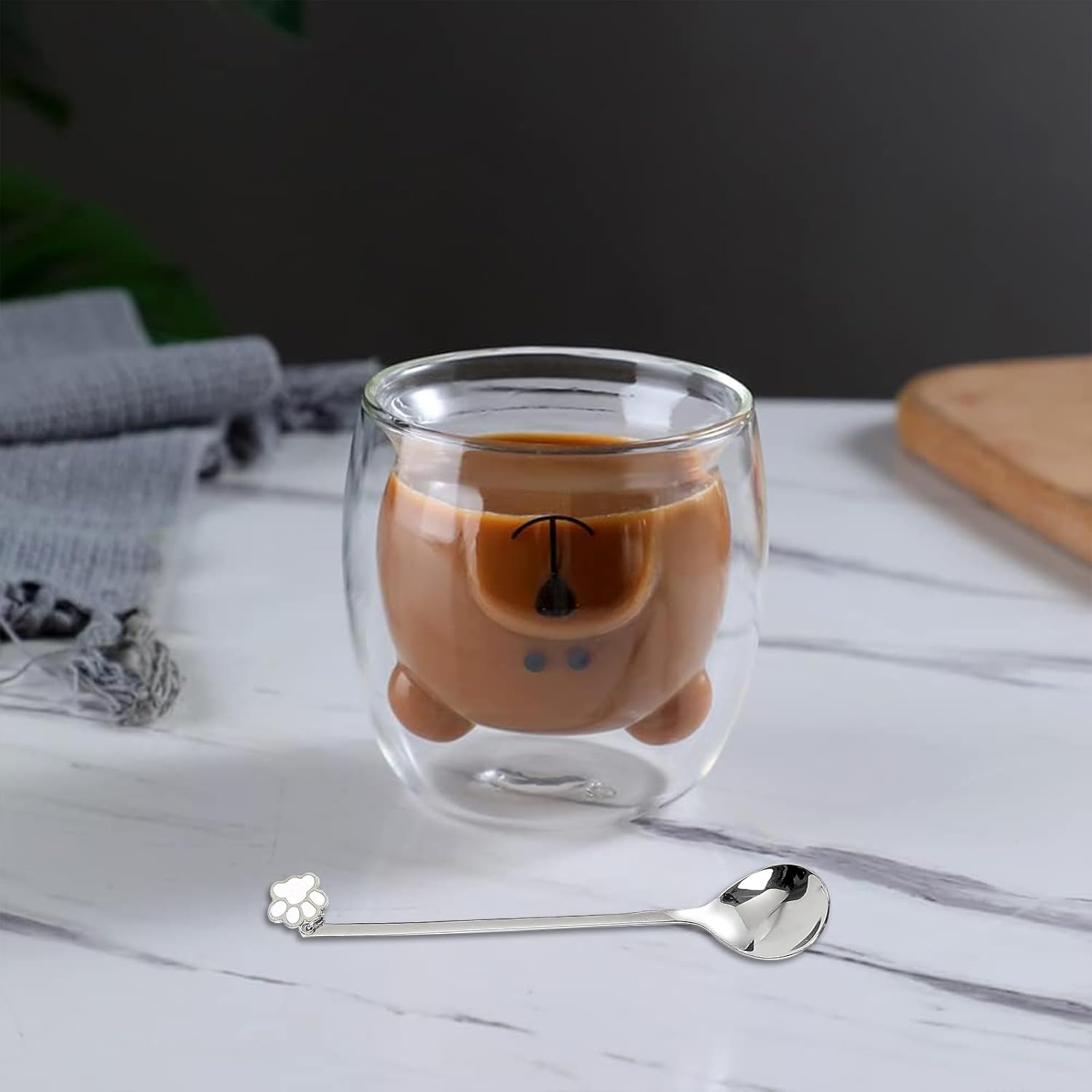 binoster cute mugs glass double wall insulated glass espresso cup, coffee cup, tea cup, milk cup, best gift for office and personal birthday (happy bear)