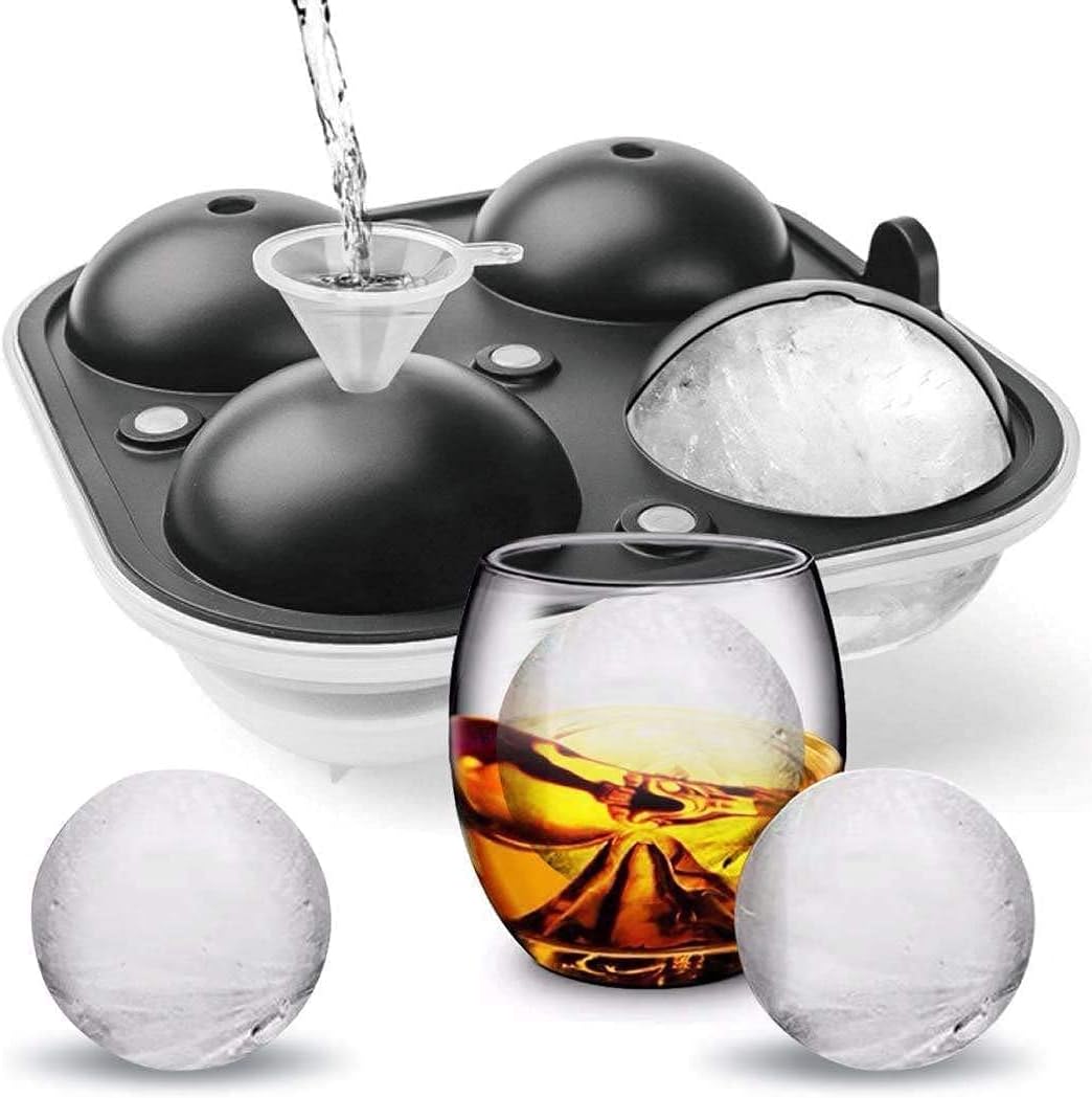 seeway large ice cube trays for whiskey, 2.5" flexible 4 ice balls maker with lids & bonus funnel, bpa free round silicone ice cube molds, reusable sphere ice tray for cocktail, bourbon, scotch