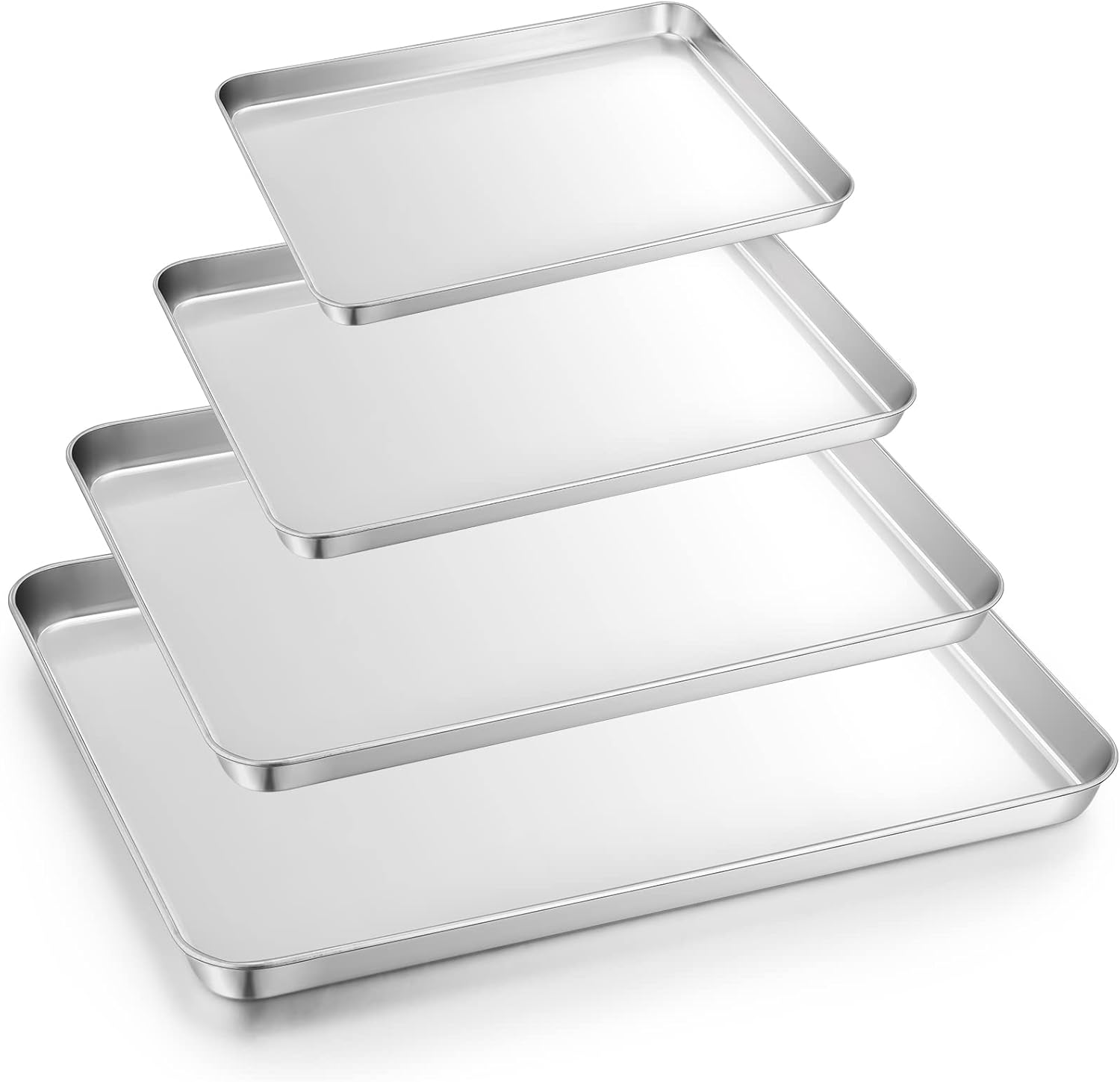 onader baking tray set of 4, stainless steel oven trays rectangle cookie sheet pan, perfect for baking cooking serving, non toxic & healthy, heavy duty & sturdy, mirror finished & dishwasher safe