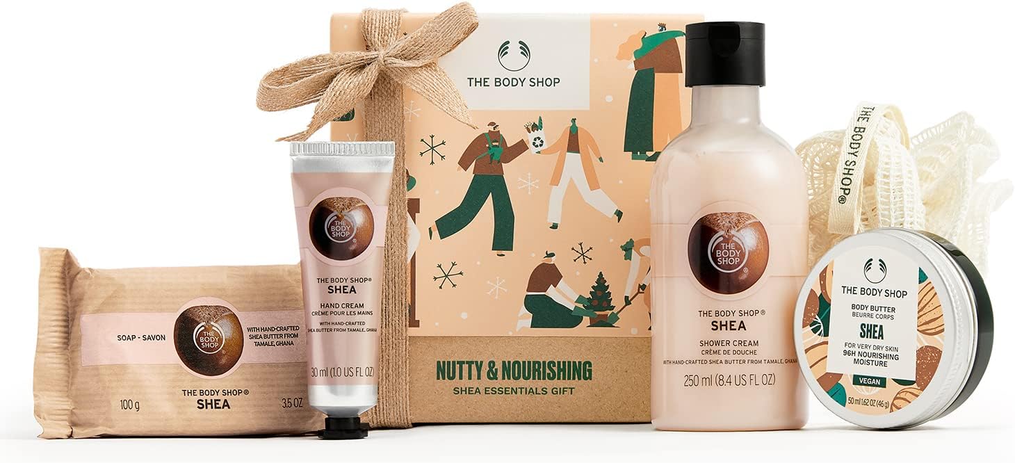 the body shop nutty & nourishing shea essentials gift set, hydrating & moisturizing skincare treats for very dry skin, cream, 5 count