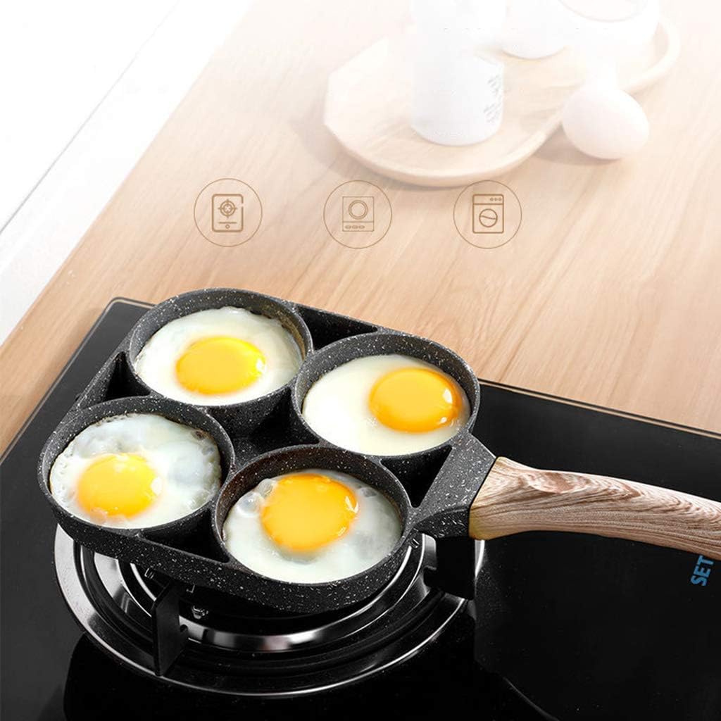 ecvv 4 hole omelet pan for burger eggs ham pancake maker wooden handle frying pot non stick cooking breakfast, black