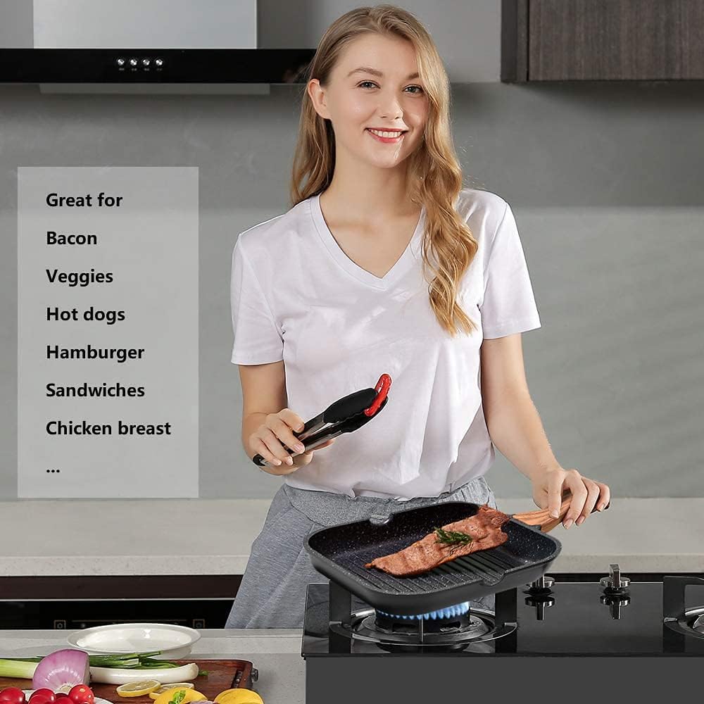 angju nonstick grill pan for stove tops with pour spouts induction compatible, granite coating, 10 inch(25cm), black