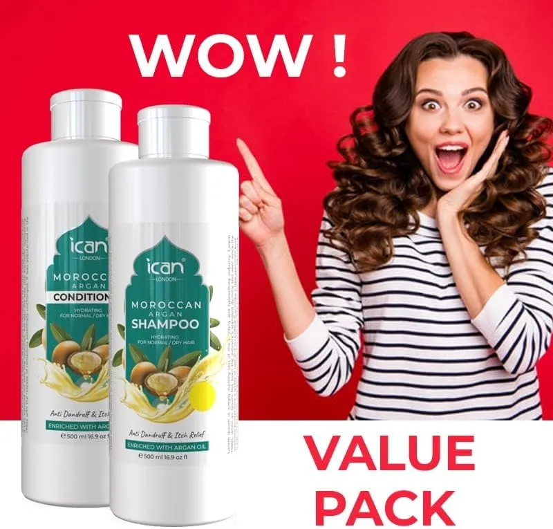ican London Moroccan Argan Oil Enriched Anti-Dandruff, Itch Relief Formula Shampoo & Conditioner DUO PACK 500ml Each