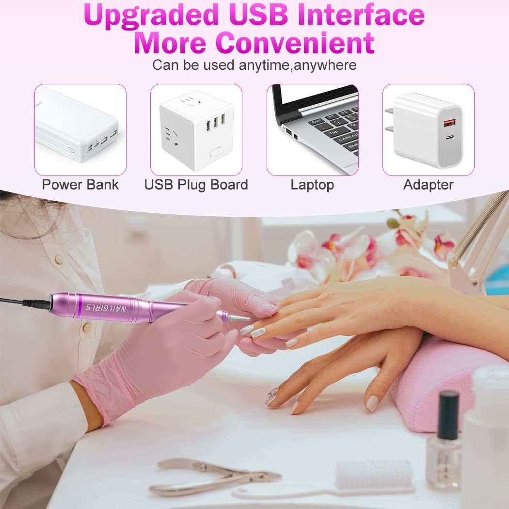 nailgirls electric nail file, portable nail drill usb 25000rpm professional nail drill machine for acrylic gel nails efile e file manicure pedicure polishing shape tools for home salon use (pink)