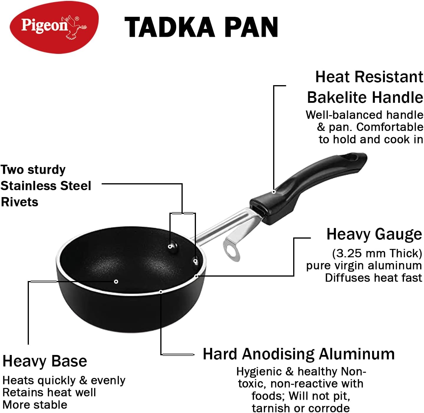 pigeon 177 non stick tadka pan, black, w 12.0 x h 6.0 x d 30.0 cm, aluminum
