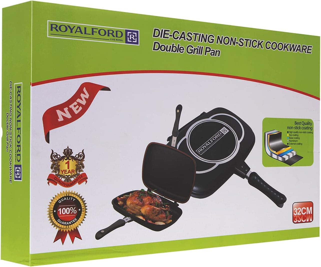 royalford double grill pan, black 32 cm, rf5515