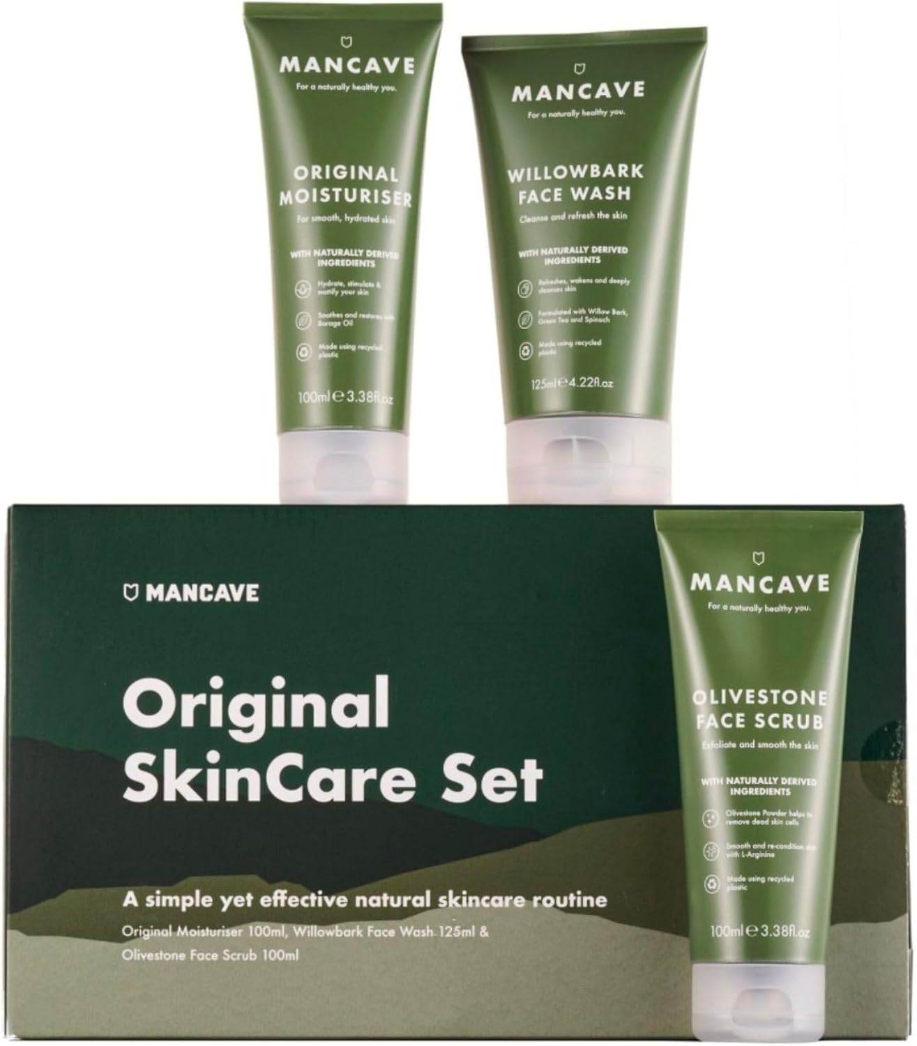 mancave originals skincare gift set with 3 key skin care essentials with face wash, face scrub and moisturiser for men, vegan, natural formulations, tubes made from recycled plastics, made in england