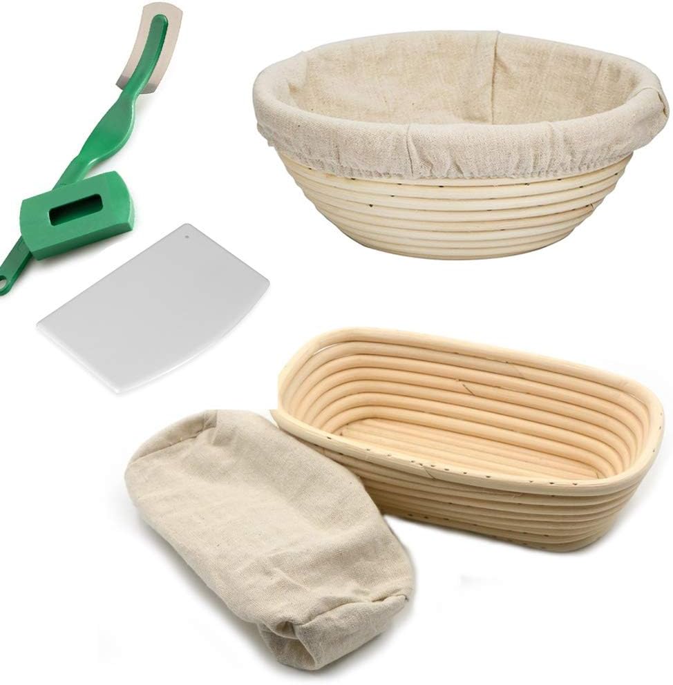 bonnenuit banneton bread proofing basket set handmade 9 inch round & 10 inch oval for dough rising fermentation baking with dough scraper linen liner cloth bread lame