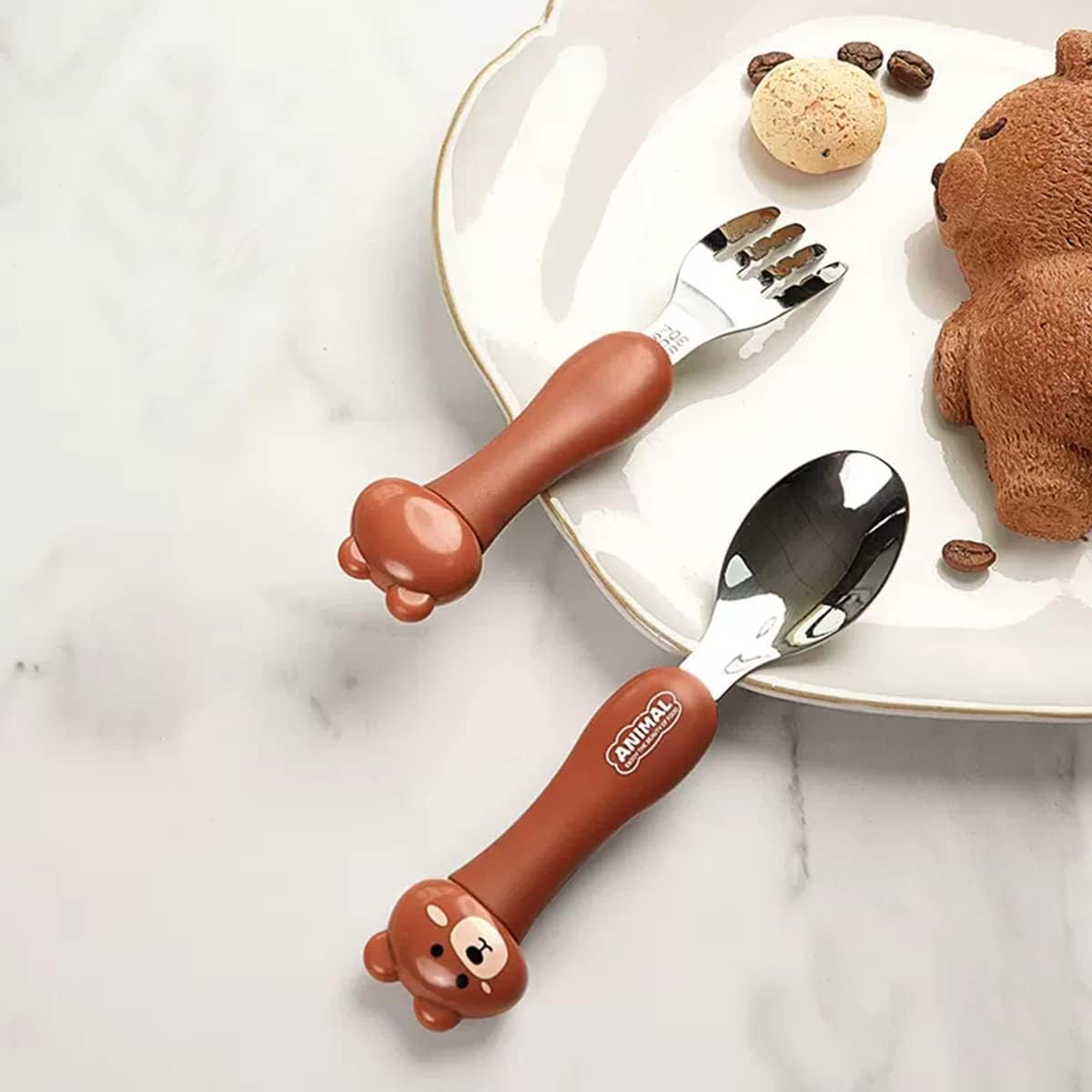 ibama cartoon toddler utensils cute animal stainless steel children's tableware set student fork and spoon two piece creative cutlery set with portable travel case for girls boys kids bear brown